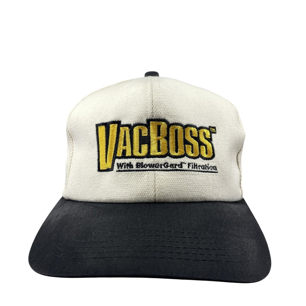 Vintage VacBoss Hat Cap Snap Back One Size Mens White Black Twill K-Products